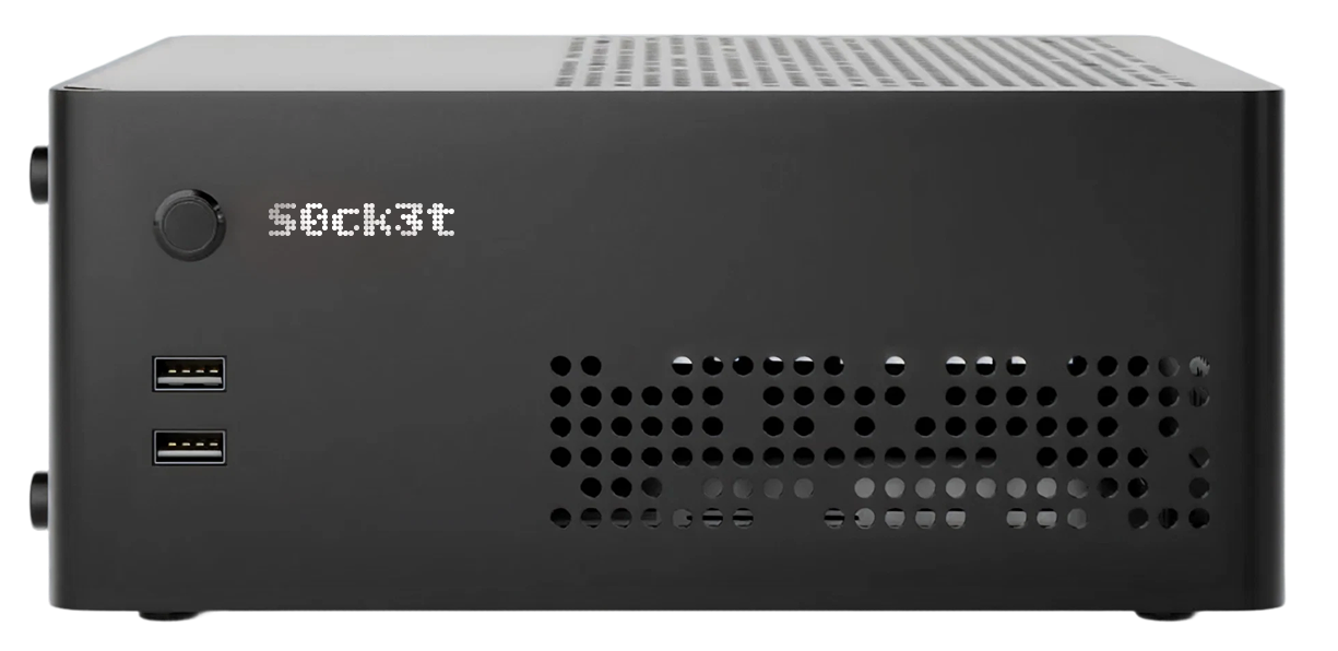 SØCK3T-1U appliance — front face with status display, power, and USB array